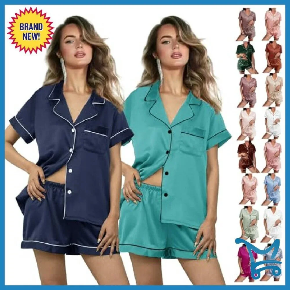 Silk Satin Pajama Set 2-Pack Short Sleeve Lounge Sleepwear XS-XXL